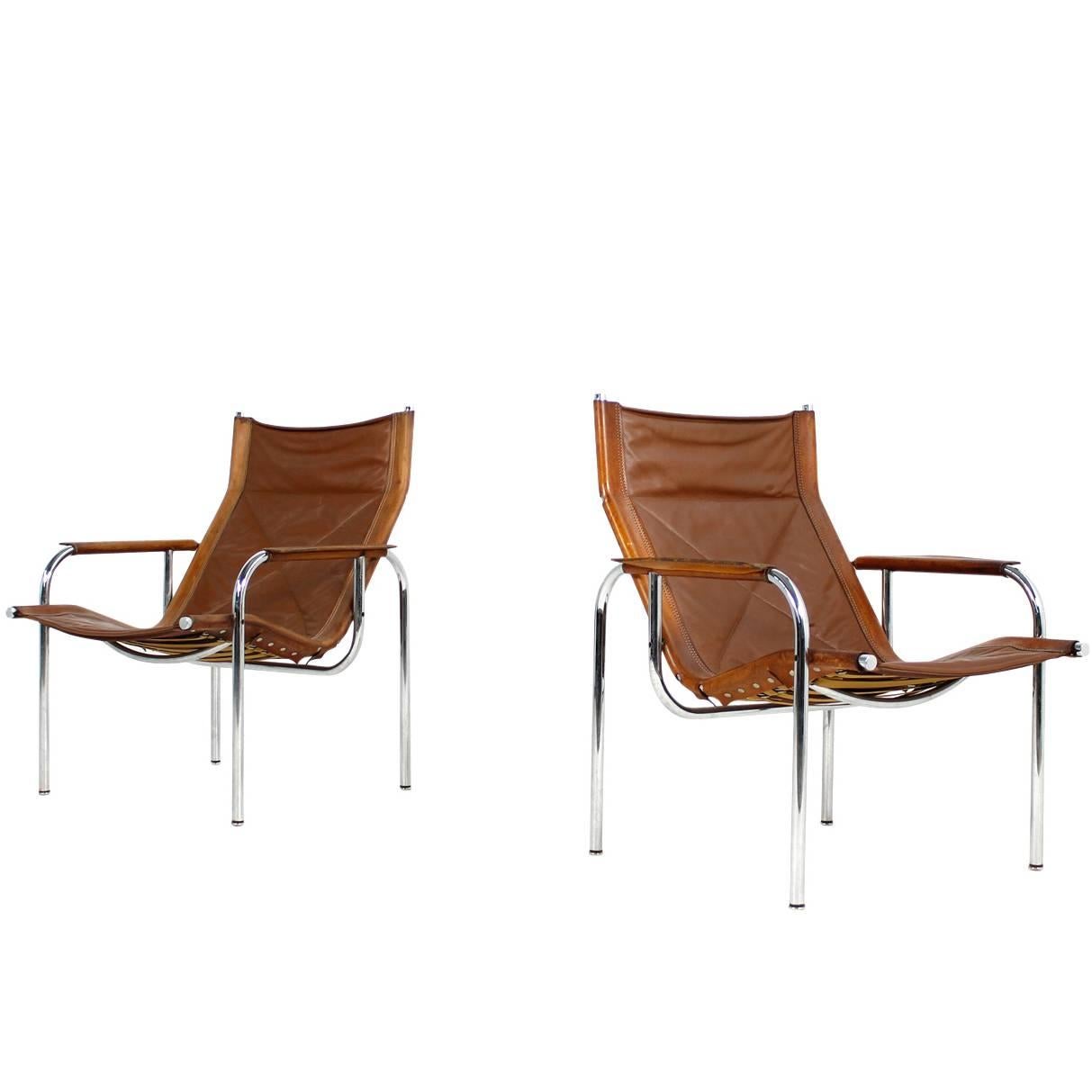 Pair of 1970s Vintage Hans Eichenberger Cognac Leather and Chrome Lounge Chairs