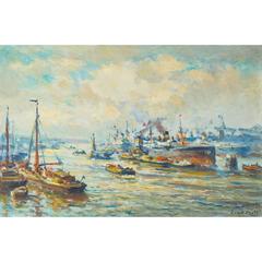 Evert Moll (Dutch, 1878-1955), 'Maashaven Rotterdam', Early 20th C. Oil Painting 6