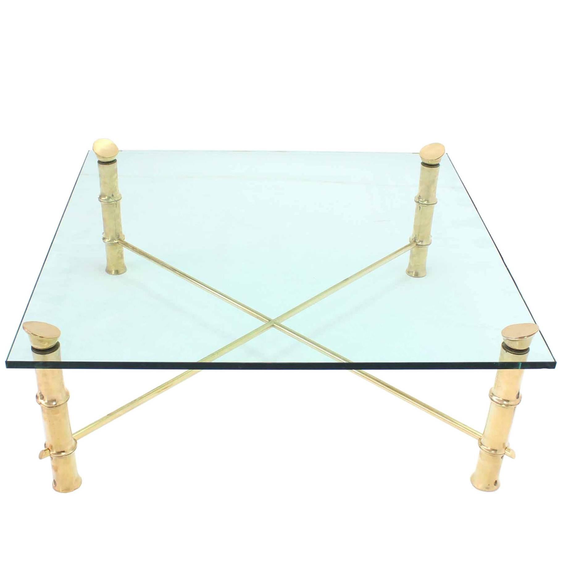 45x 45 Faux Bamboo Large Heavy Solid Cast Brass Legs Square Coffee Table For Sale