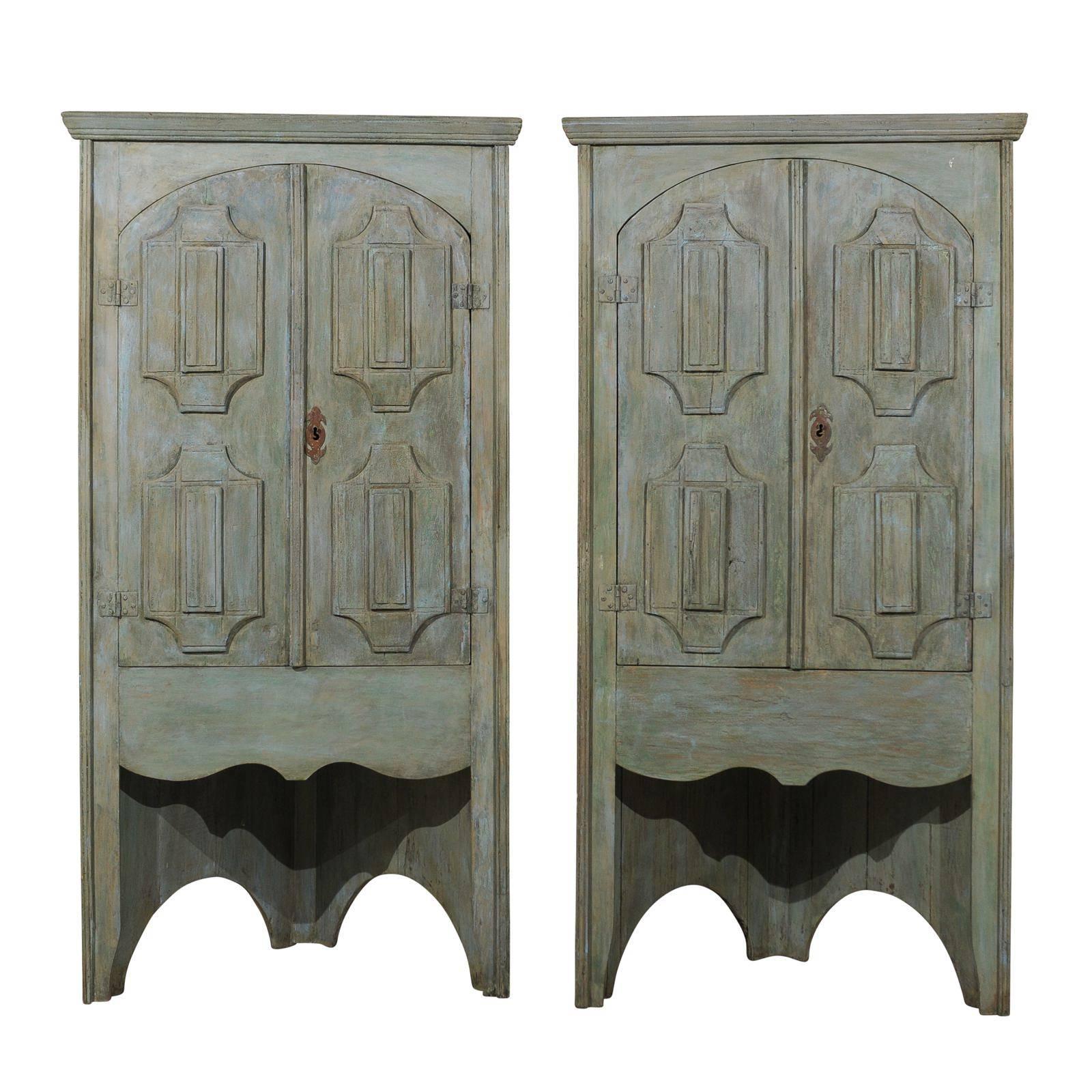 Pair of 19th C. Painted 7.5 ft Tall Wood Corner Cabinets w/Open Space Beneath For Sale
