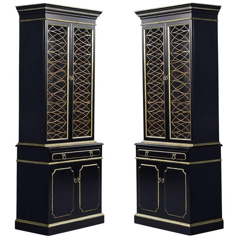 Pair of Ebony Display Cabinets with Brass Grillwork