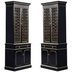 Pair of Ebony Display Cabinets with Brass Grillwork