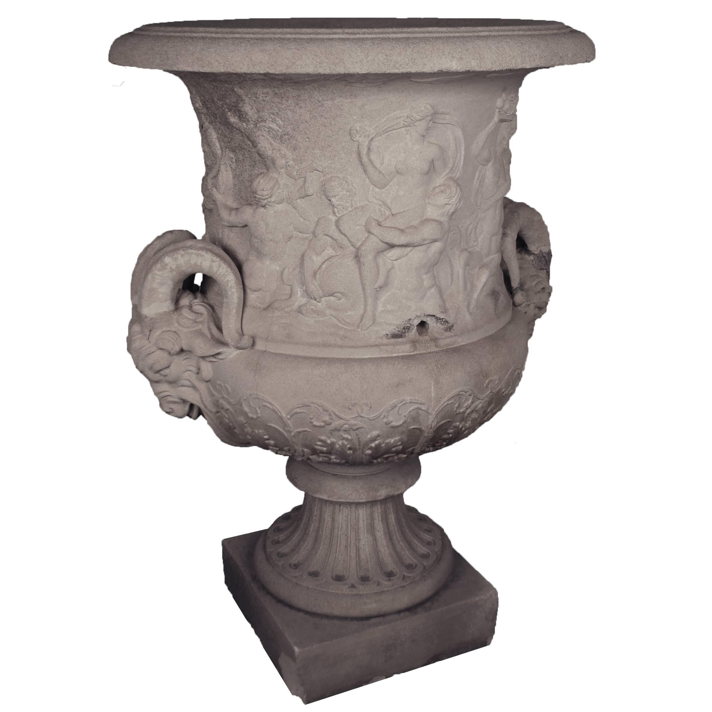 French Stone Urn with Ram Heads For Sale