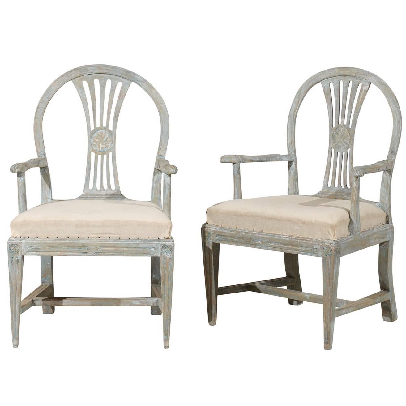 A Pair of Swedish 19th Century Period Gustavian Painted Wood Armchairs