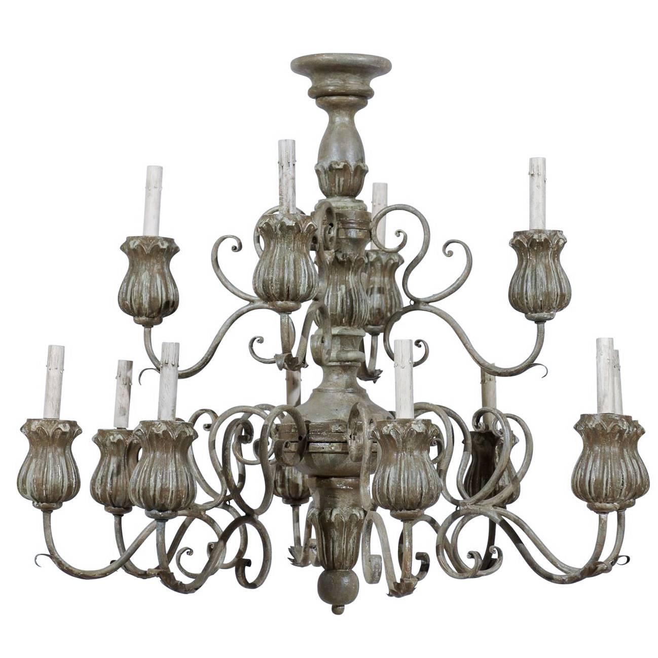 Italian 2-Tier, 12-Light Painted Wood Chandelier with Flower Shaped Bobeches For Sale