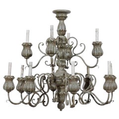 Vintage Italian 2-Tier, 12-Light Painted Wood Chandelier with Flower Shaped Bobeches