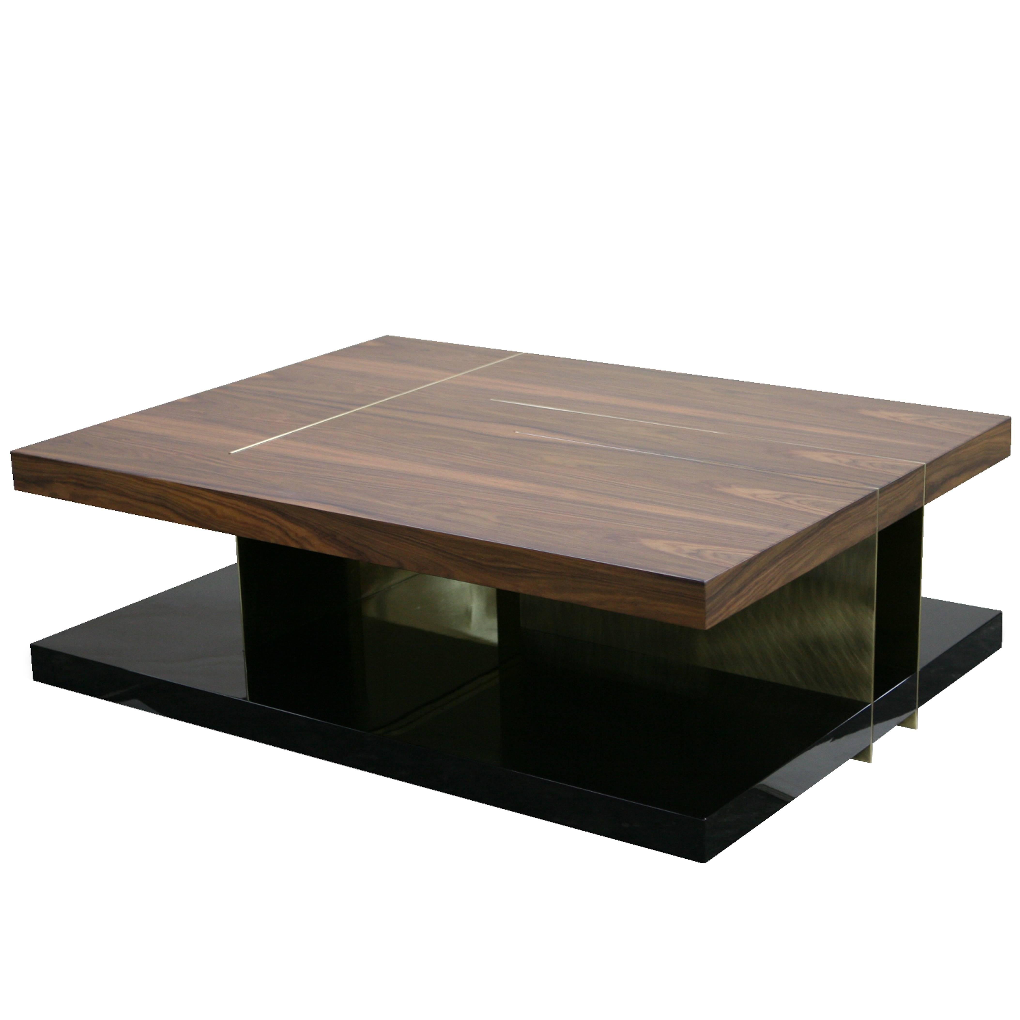 European Modern Timber, Lacquer, Brass Rectangular Lallan Coffee Table by Brabbu For Sale