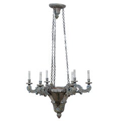 French Painted and Carved Wood Six-Light Chandelier