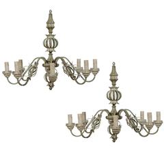 Pair of French Eight-Light Painted Wood Chandeliers