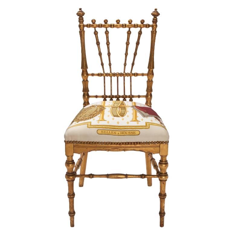 Gold Gilded Ballroom Chair Upholstered in Hermès Silk For Sale