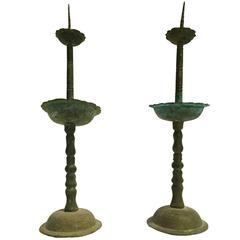 Antique Pair of 19th Century Bronze Candle Holders, Chinese, Rare