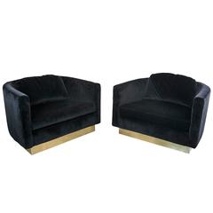 Oversized Black Velvet Swivel Chairs with Brass Plinths