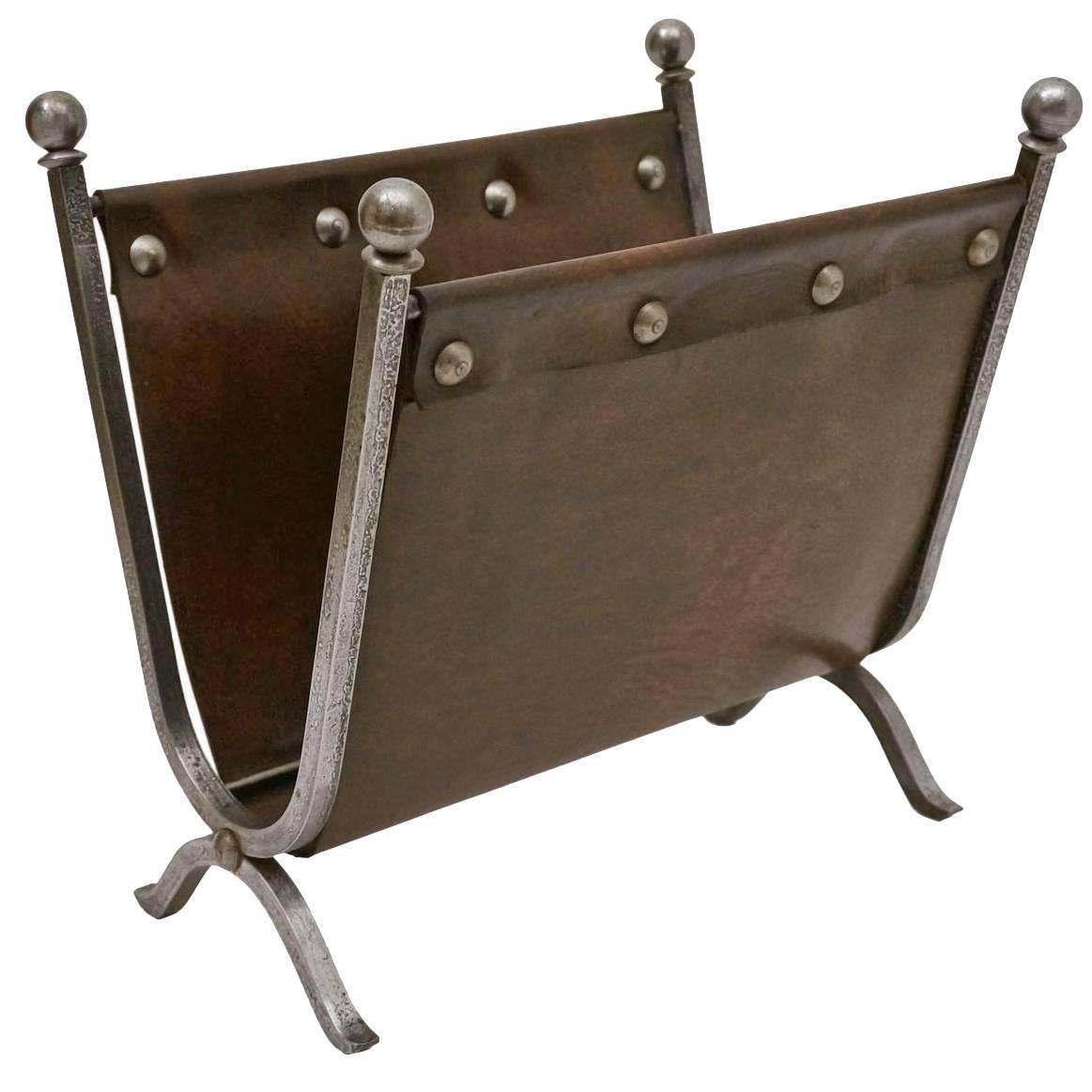 Polished Steel and Brown Leather Magazine Rack, France, circa 1940
