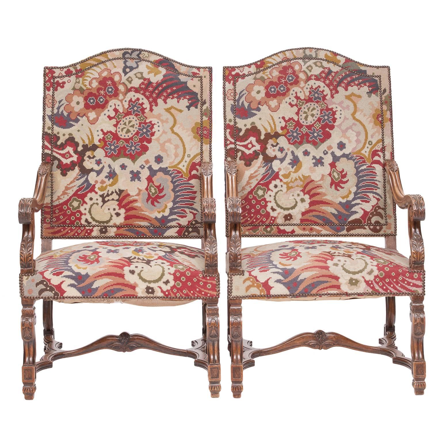 19th Century Louis XIV Style Walnut Armchairs