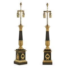 Fine Pair of French Empire Gilt and Patinated Bronze Antique Table Lamps