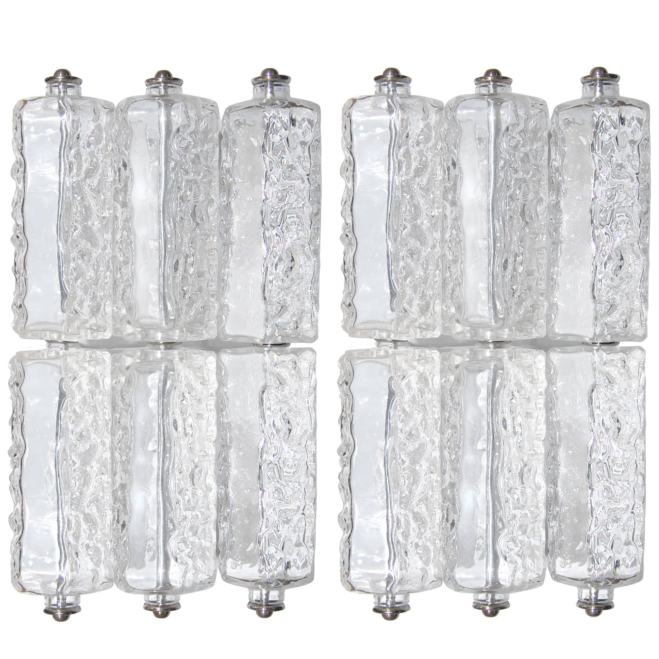 Pair of Polished Nickel & Textured Glass Sconces, style of Kalmar For Sale