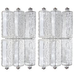 Pair of Polished Nickel & Textured Glass Sconces, style of Kalmar