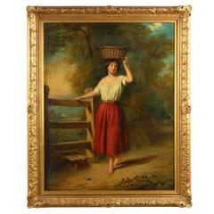 Gorgeous British School 19th Century Painting of Young Girl on Path