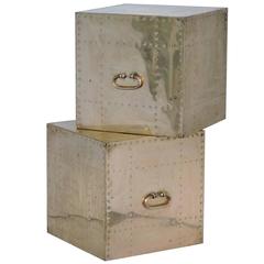 Pair of Riveted Brass Cube Tables by Sarreid Ltd. Spain