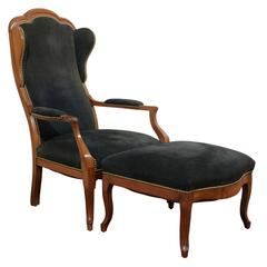 Italian Walnut Wing Chair and Ottoman