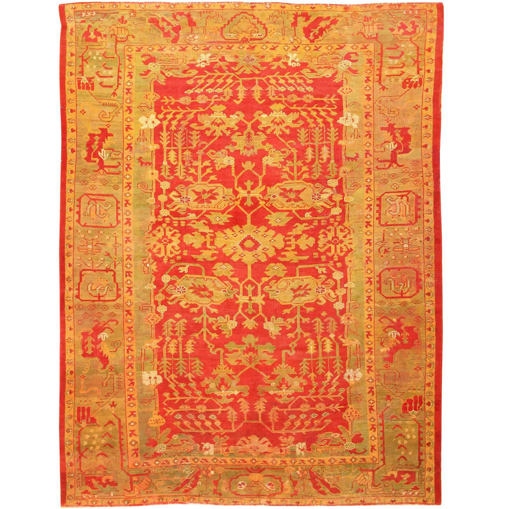 Beautiful Green and Red Antique Turkish Oushak Carpet