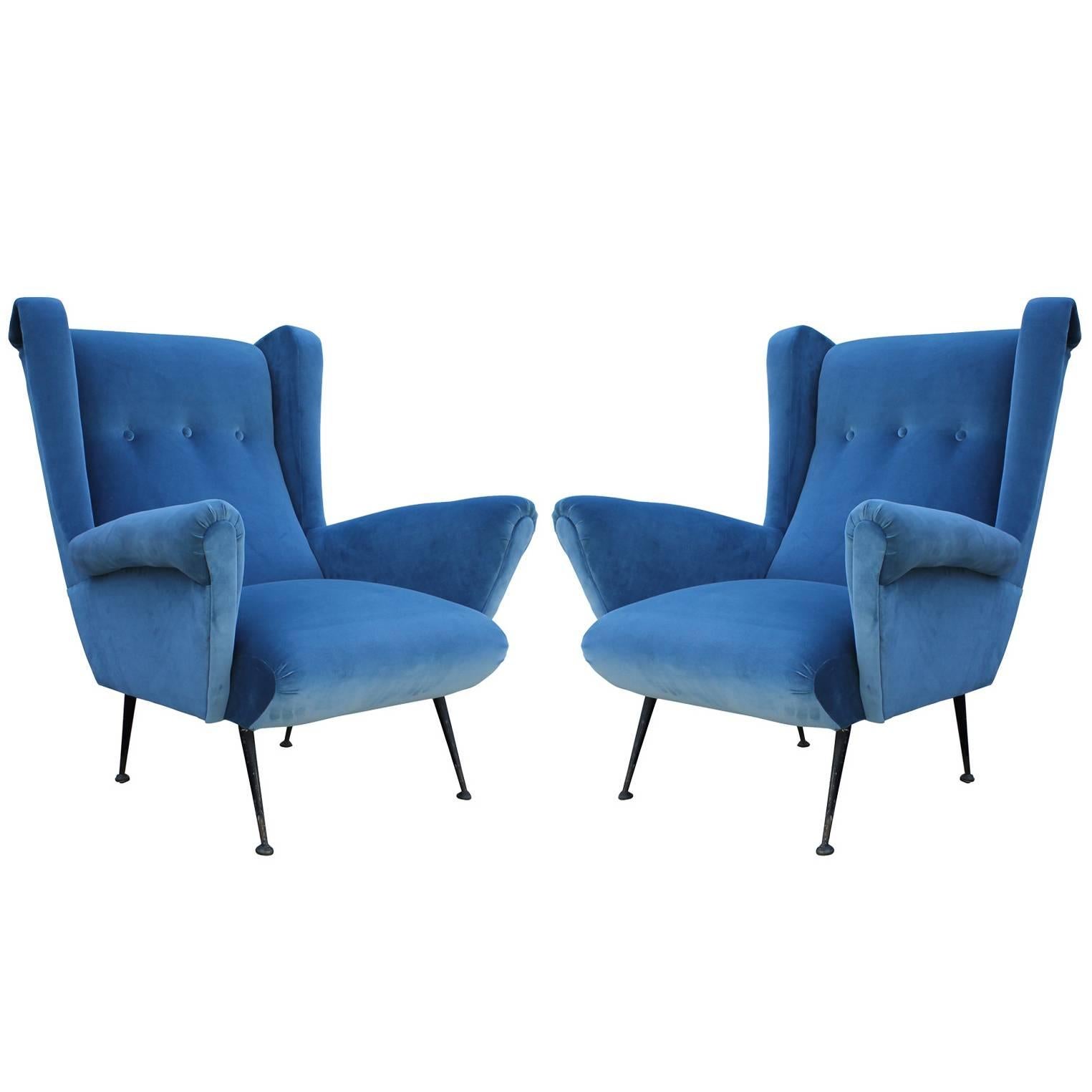Fabulous Pair of Italian Wingback Lounge Chairs in Blue Velvet
