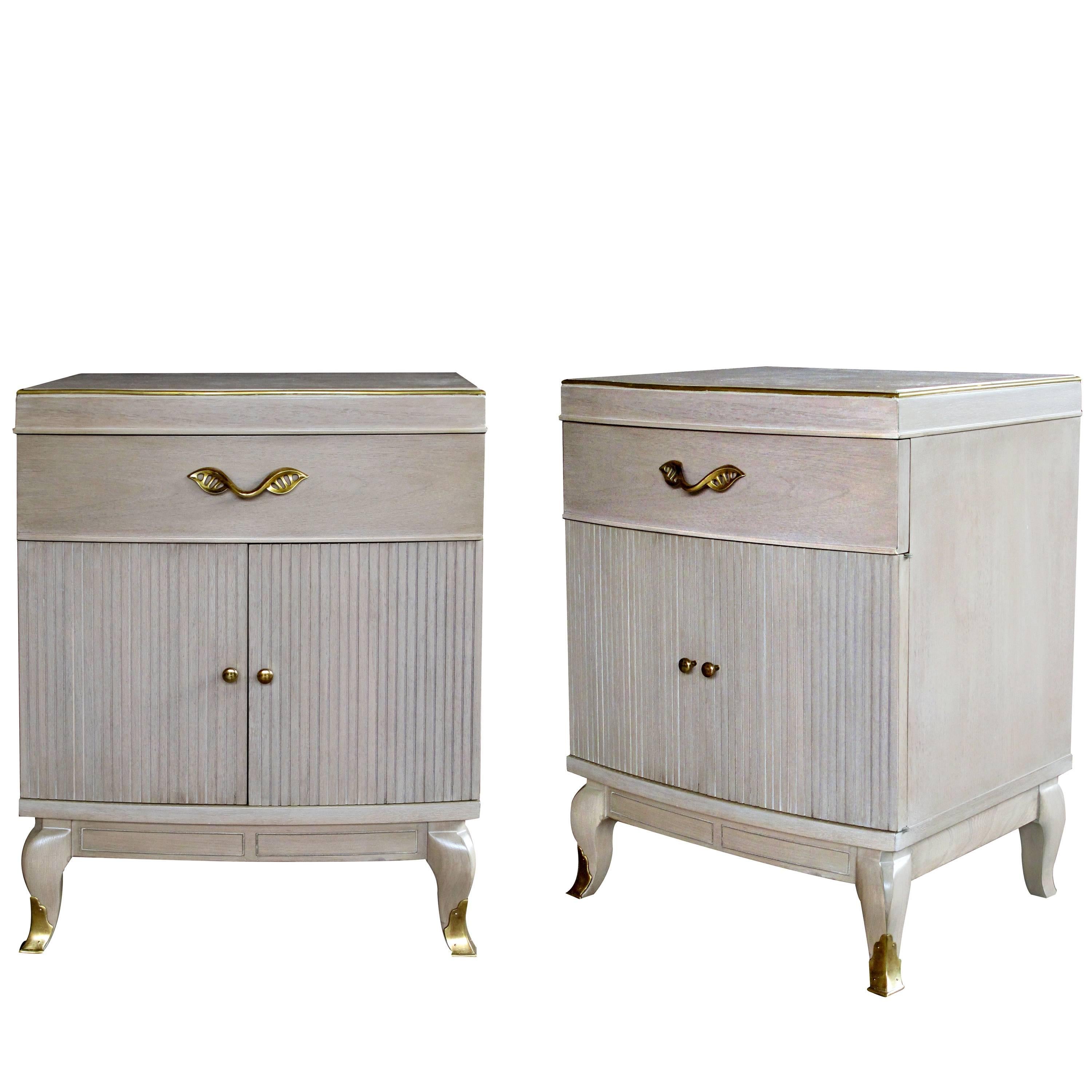 Solid Pair of American Cerused Oak Bowfront Bedside Cabinets by RWAY Furniture