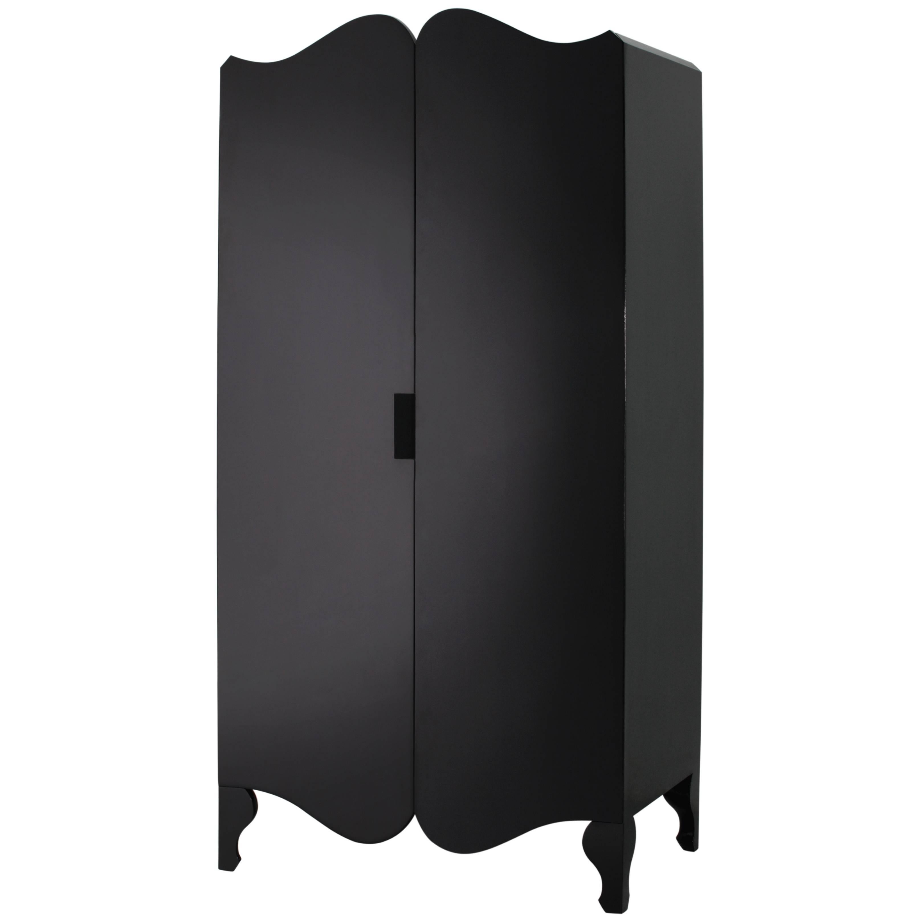 Contemporary European Louis-Inspired Two-Door gloss Lacquered Black Wood Armoire For Sale