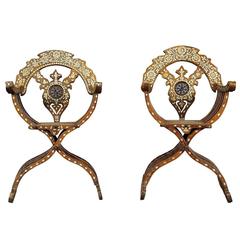 Fine Pair of Dagobert Style Mother-of-Pearl Inlaid X-Frame Armchairs