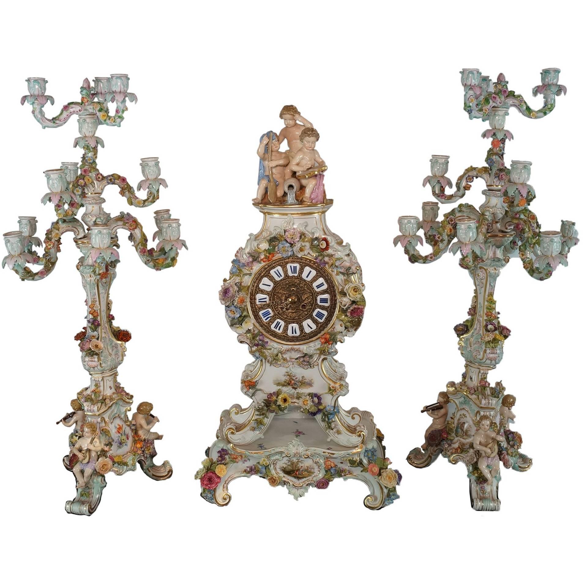 Very Large Three-Piece Meissen Porcelain Figural Flower Encrusted Clock Set