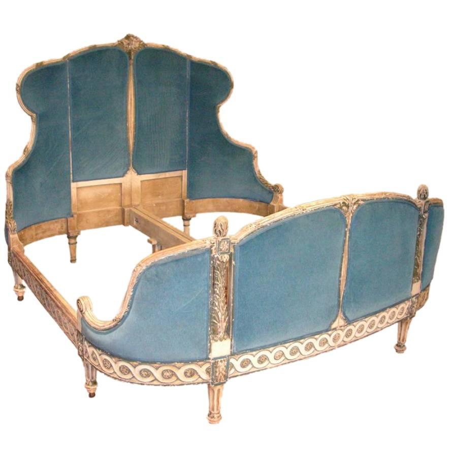 19th Century French Carved Louis XVI Painted Queen Size Bed