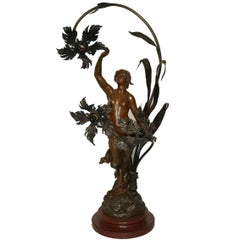French 19 Century Art Nouveau Patinated Bronze Figural Lamp