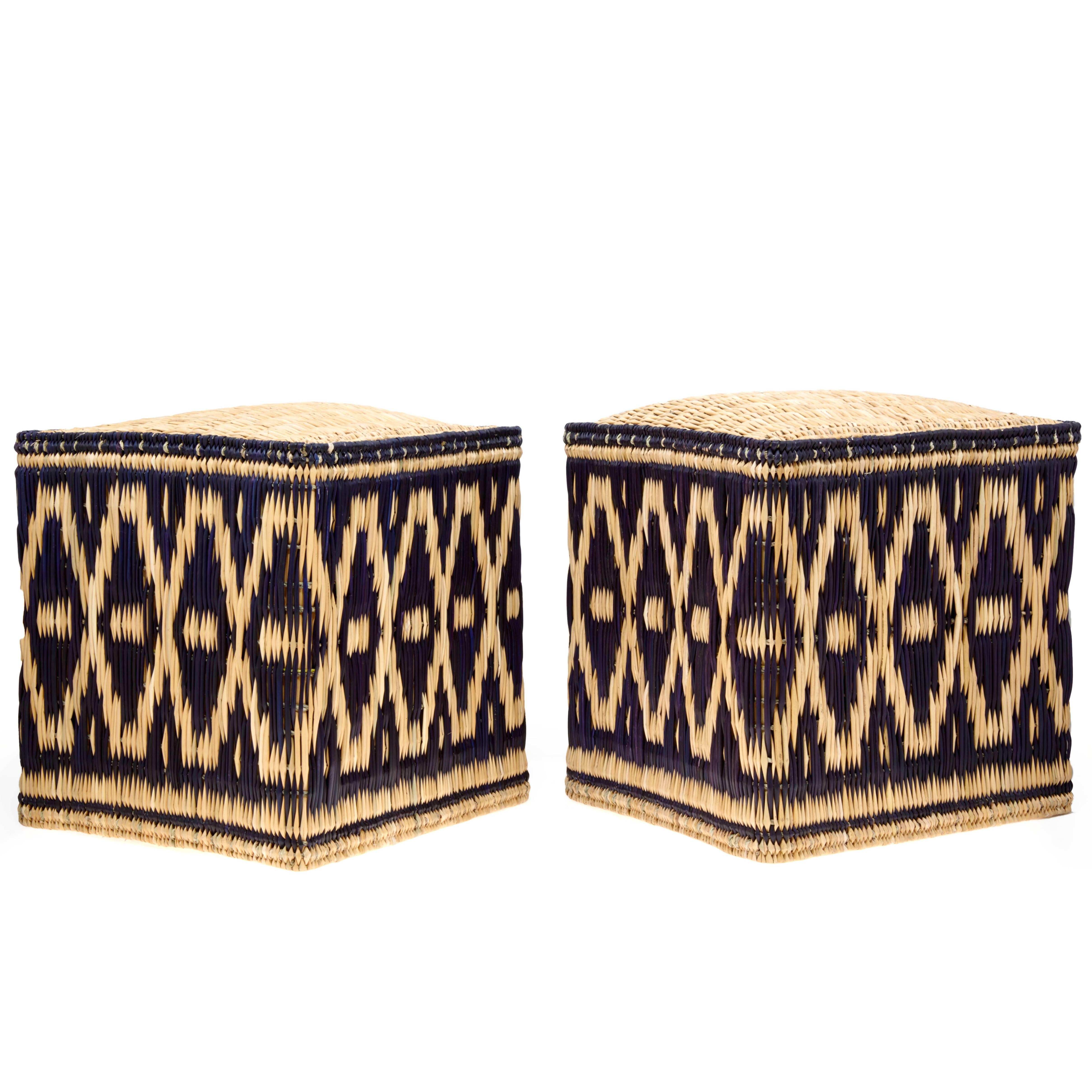 Pair of Moroccan Wicker Stools with Black Decorations For Sale