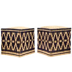 Pair of Moroccan Wicker Stools with Black Decorations