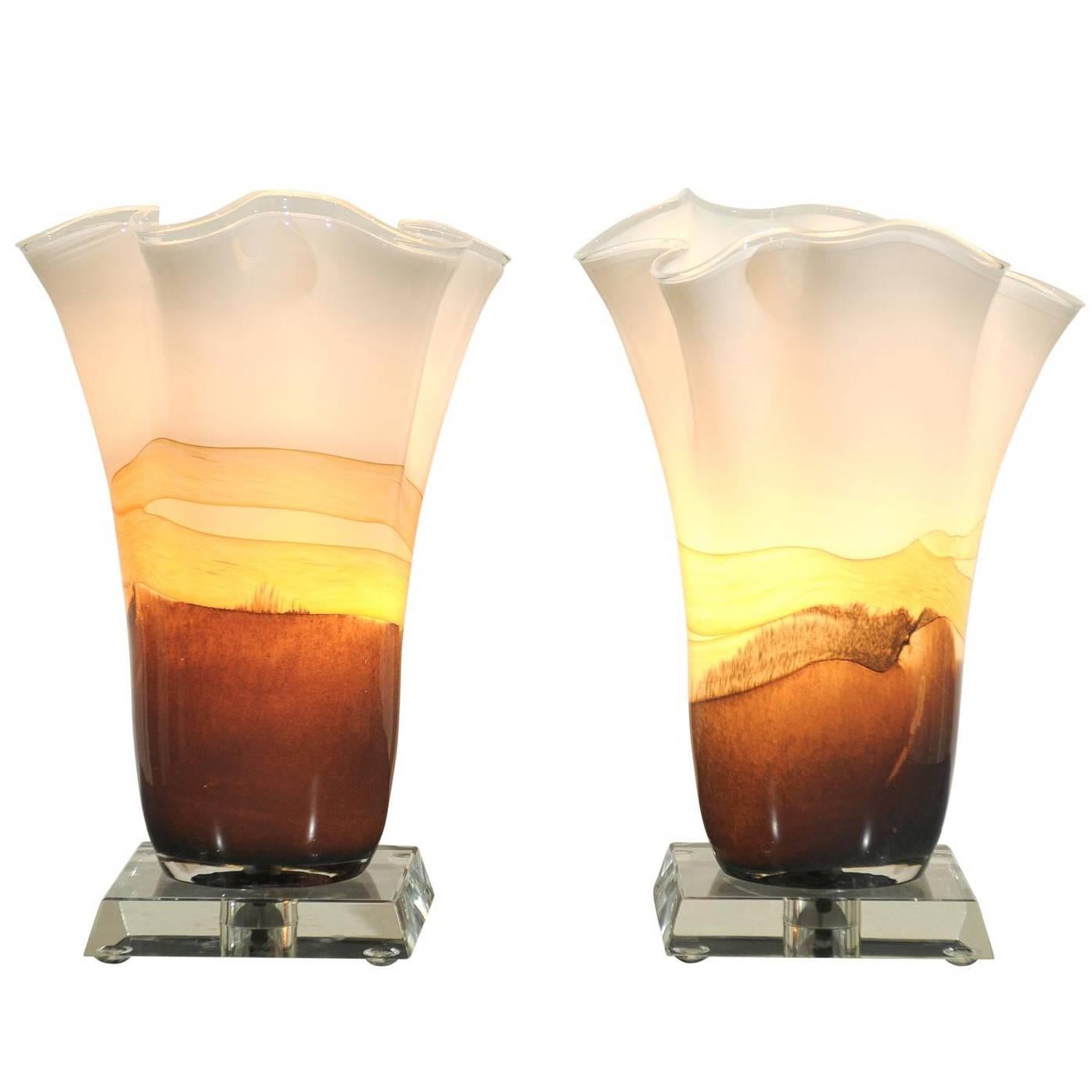 Incredible Pair of Blown Glass Table Torchieres in Cream and Caramel For Sale