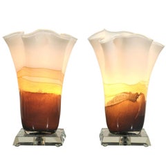 Incredible Pair of Blown Glass Table Torchieres in Cream and Caramel