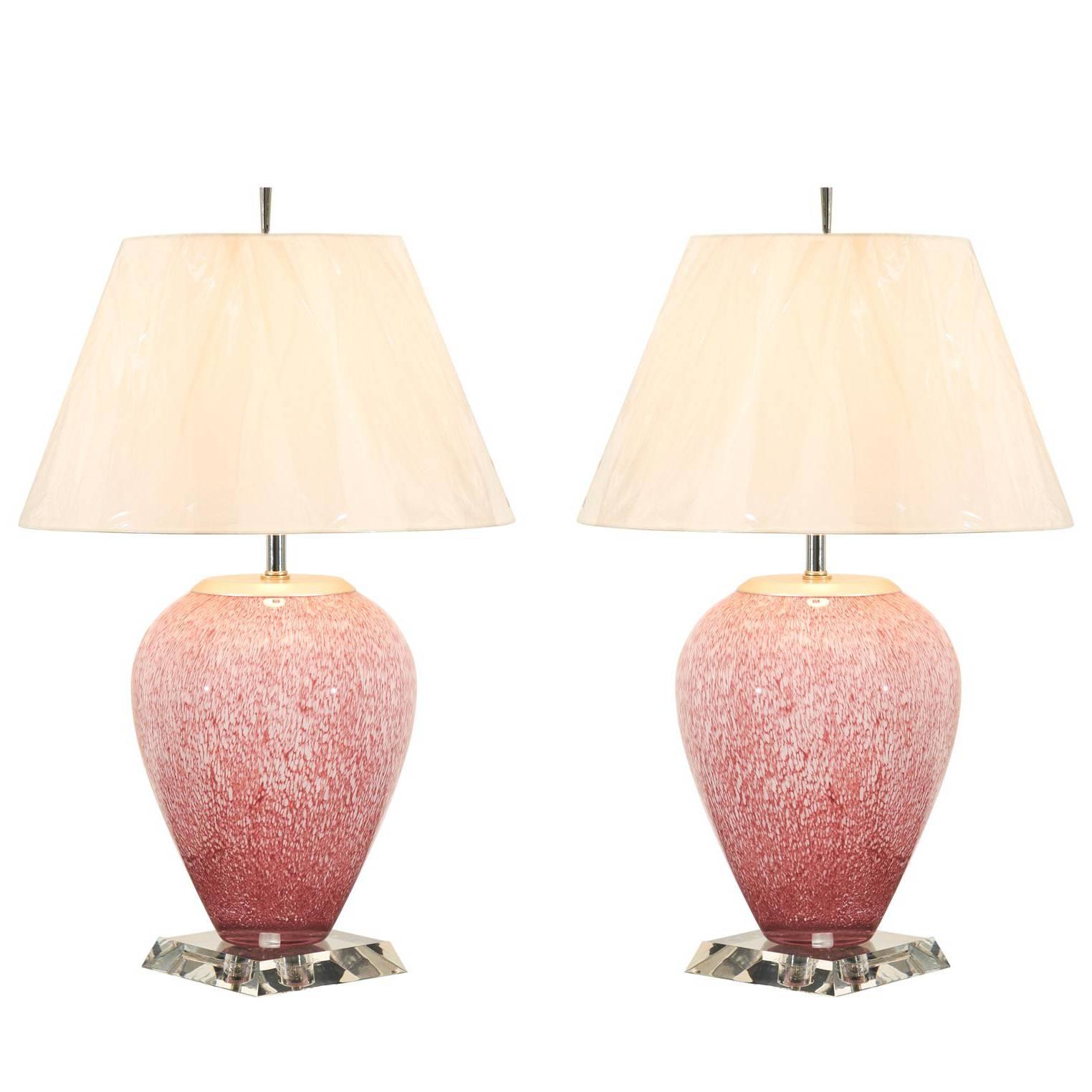 Beautiful Pair of Blown Glass Lamps with Lucite and Nickel Accents
