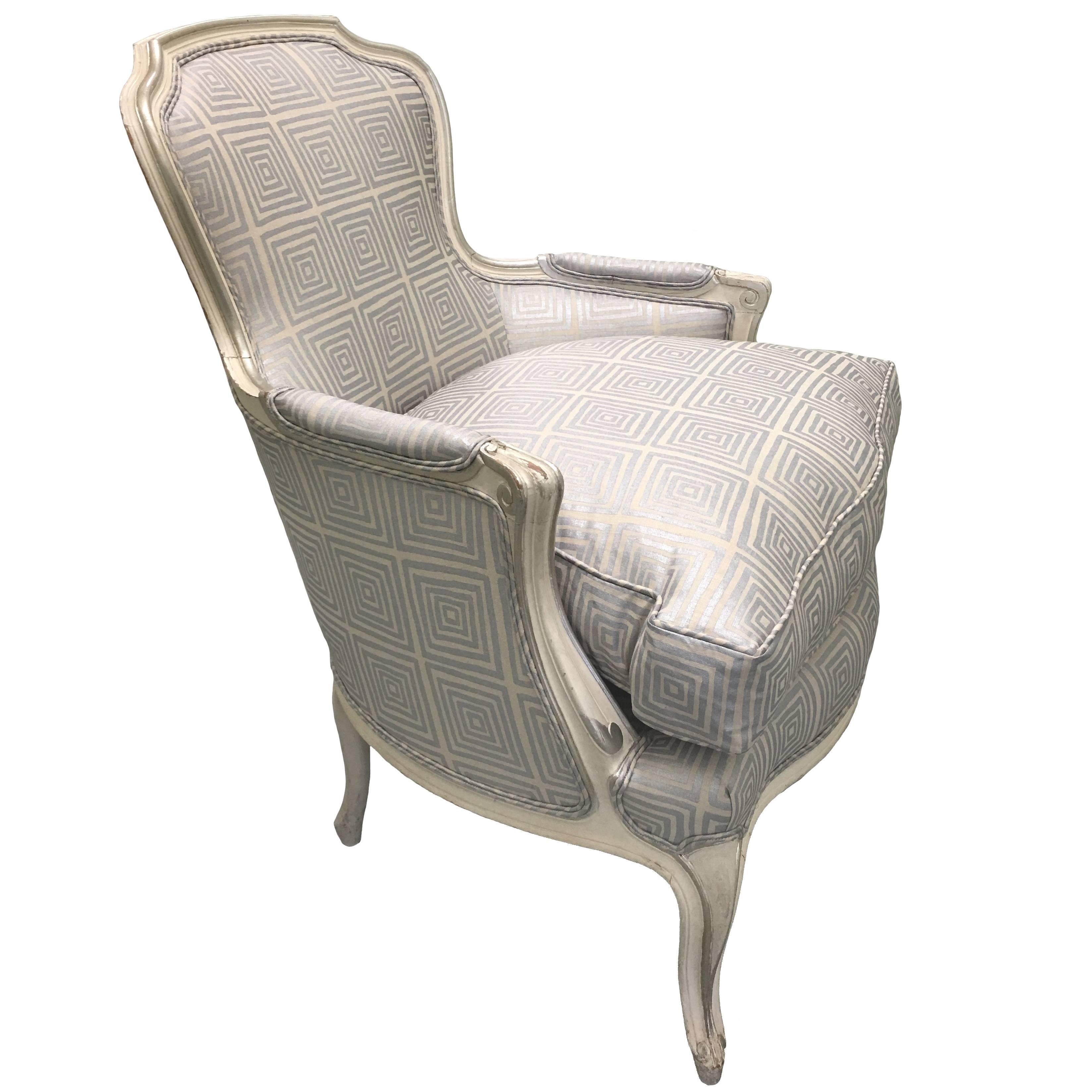 Newly Upholstered Louis XV Style Silver Painted Bergere Chair