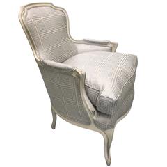 Newly Upholstered Louis XV Style Silver Painted Bergere Chair