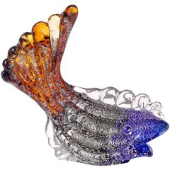 Murano Sommerso Orange Blue Silver Flecks Italian Art Glass Fish Sculpture