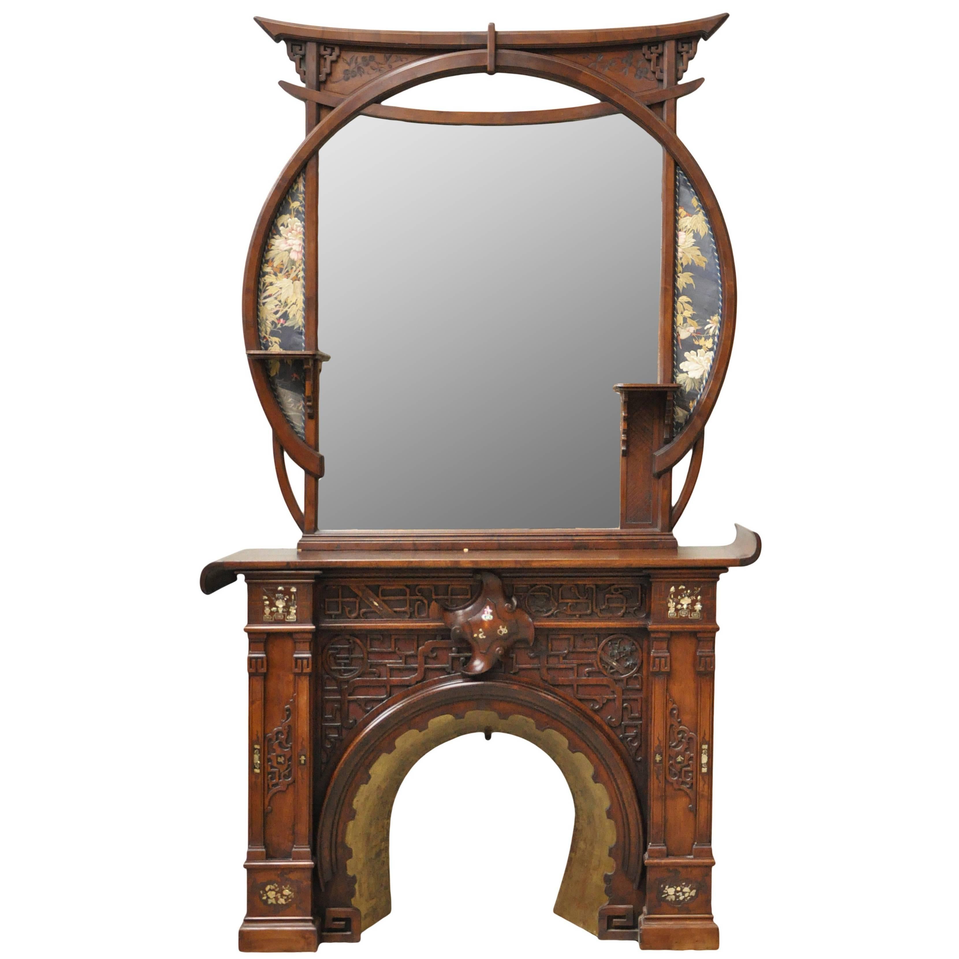 Maison Des Bambous Attributed to, Japanese Style Fireplace in Carved Walnut
