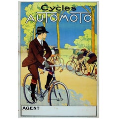 Original Antique 1920s Poster for Automoto Motos, Bicycles & Motorcycles France