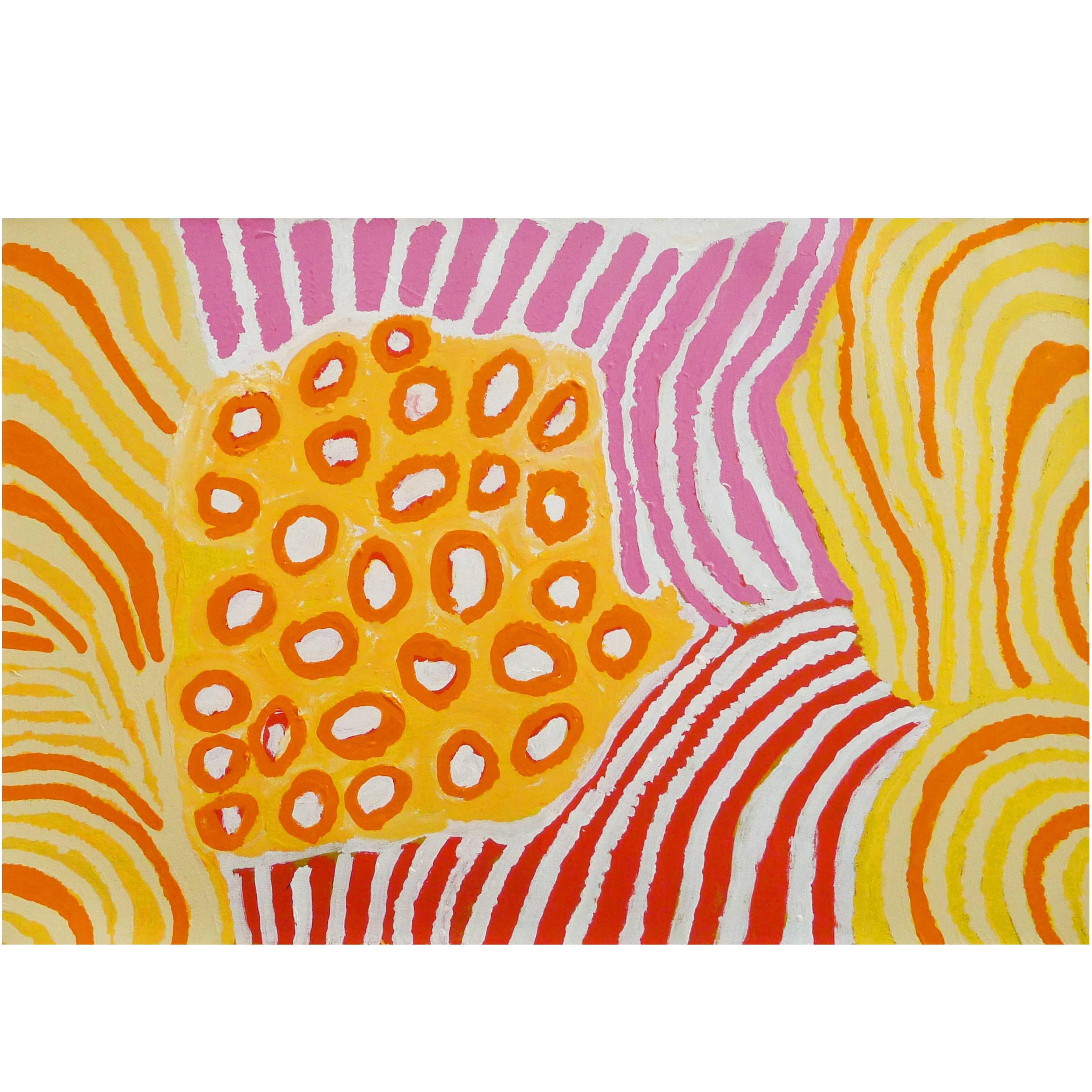 Australian Aboriginal Painting with Yellow, Pink and Orange by Alice Nampitjinpa