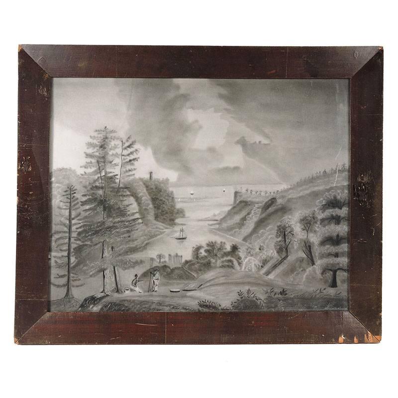 19th Century Folk Art Sandpaper Painting of the Hudson River