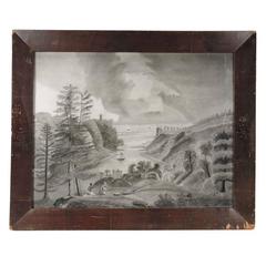 Antique 19th Century Folk Art Sandpaper Painting of the Hudson River