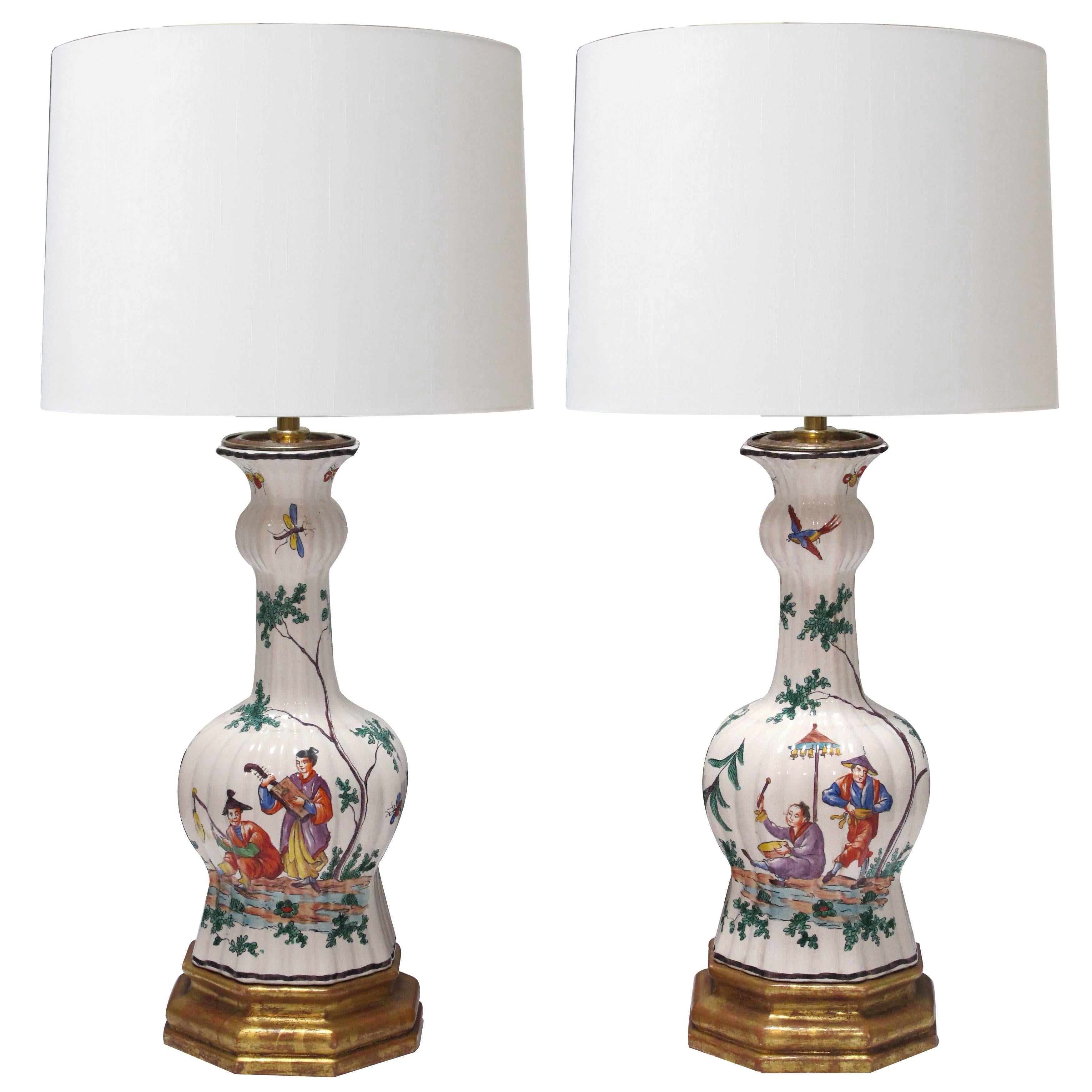 Good Pair of French Moustiers Faience Chinoiserie Style Knobble Vase Lamps