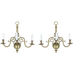 Pair of 20th Century Jumbo Dutch Three-Light Brass Sconces