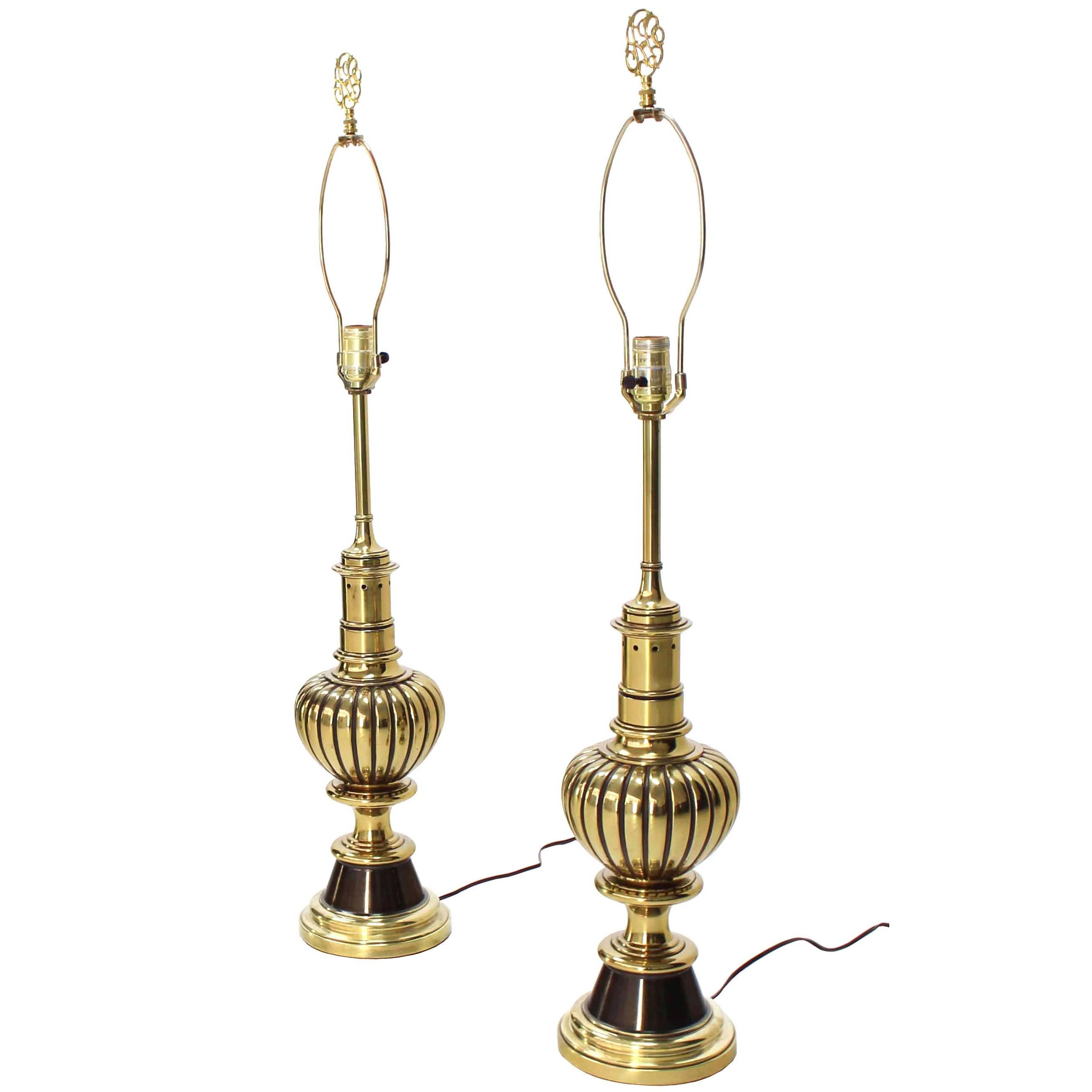 Pair of Pumpkin Shape Brass Table Lamps by Stiffel For Sale