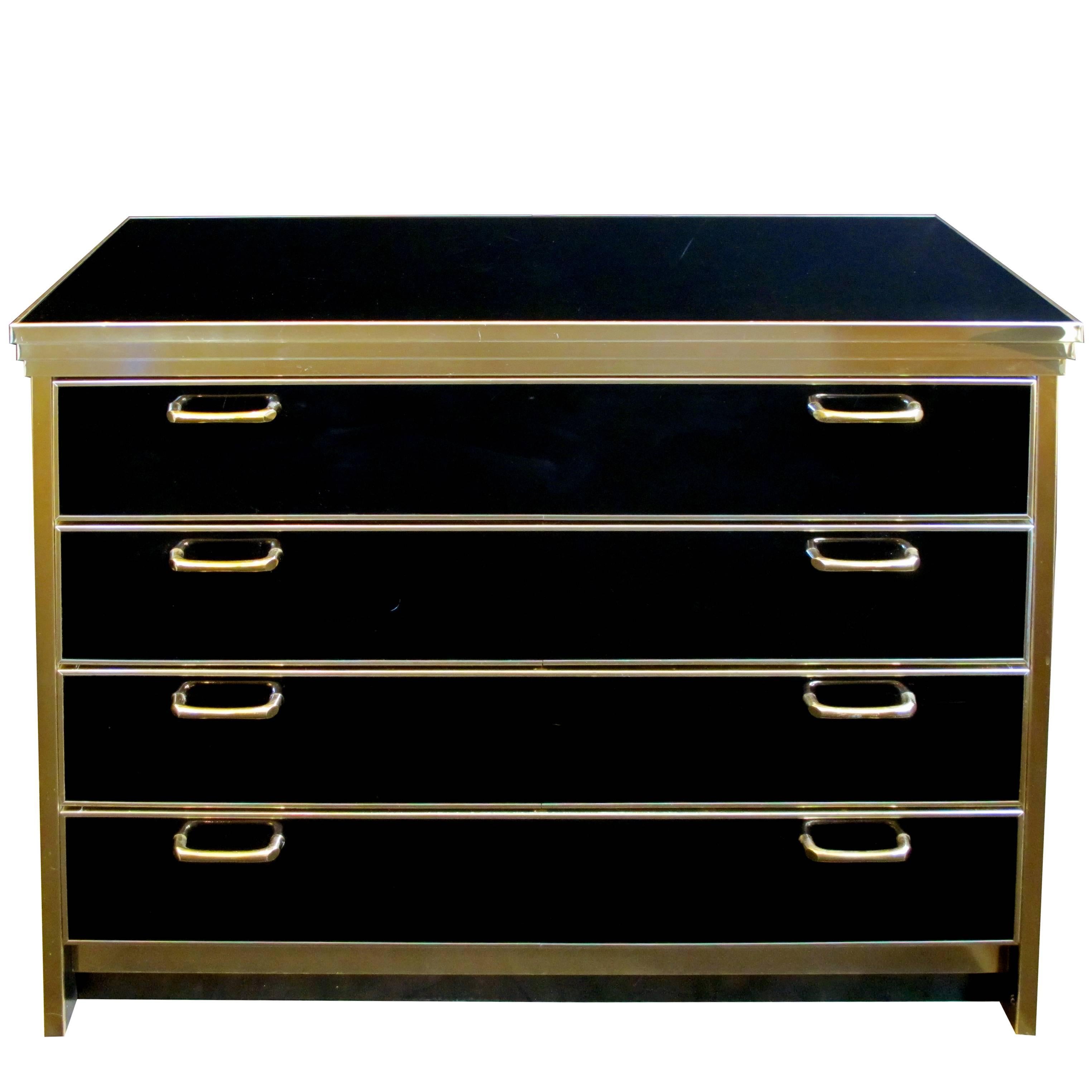 Chic French 1970s Black Glass and Brass Four-Drawer Chest