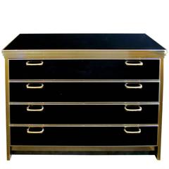 Chic French 1970s Black Glass and Brass Four-Drawer Chest